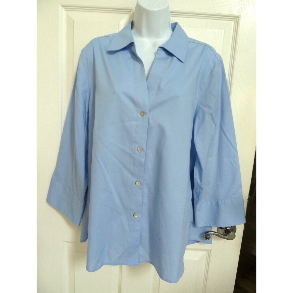 Foxcroft Sz XXL 18/20 Blue Cotton Non-Iron Stretch Blouse 3/4 Sleeve Button-Up